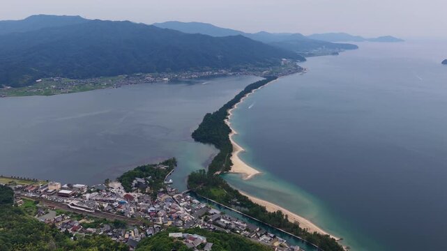 Aerial Forward Flight Along Amanohashidate Sandbar Between Miyazu Bay and Asou Sea, Kyoto Japan