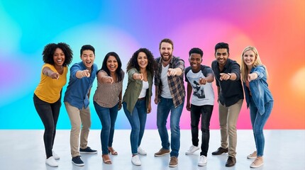Obraz premium multicultural group pointing at camera, confident smiles, modern advertising composition, bright gradient background