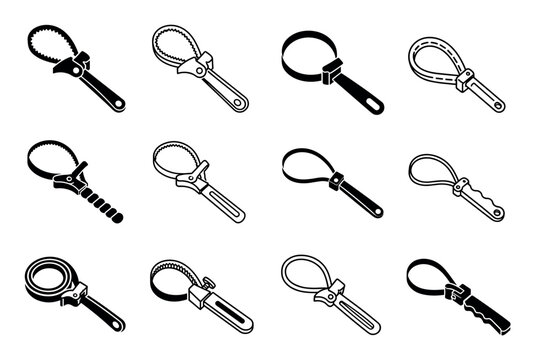 Oil filter wrench icons set for mechanical repair work, featuring various isometric designs of strap wrenches and automotive tools for garage service