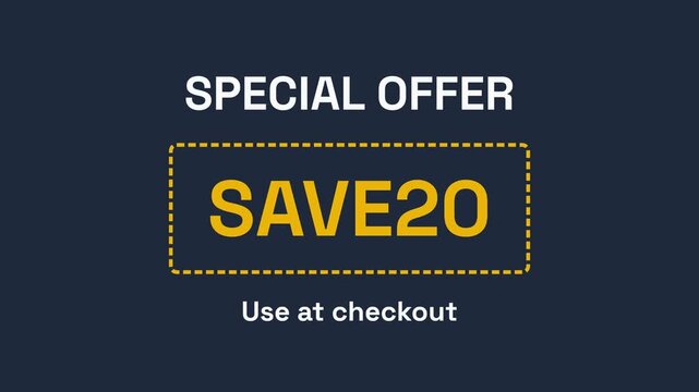 Special offer discount coupon, dark blue background, yellow text, symbolizing savings, representing e-commerce