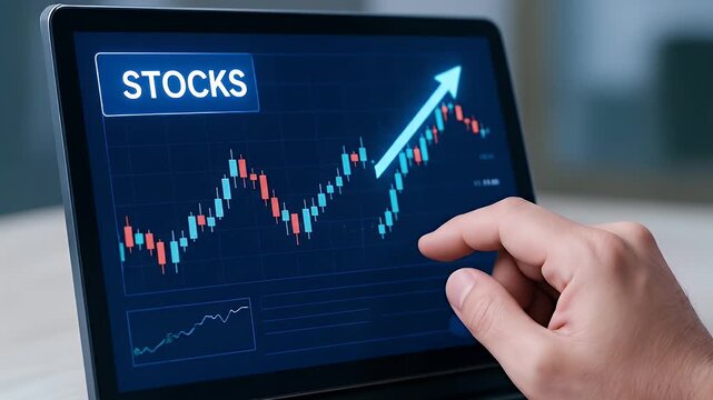 Stock market trading digital tablet hand financial graph showing upward trend investment concept candlestick chart arrow indicating growth analysis business finance data chart pointing market