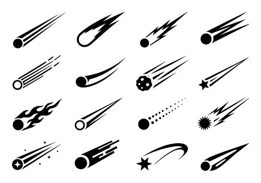 Comet and meteor vector icons representing falling stars, asteroids, and space fireballs in various stylized black graphic designs for astronomy and science concepts