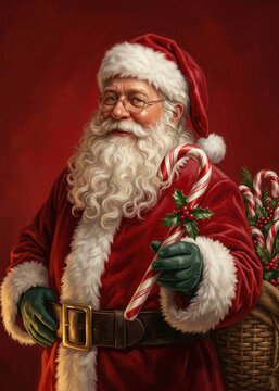 Portrait of a traditional Santa Claus holding a festive candy cane.