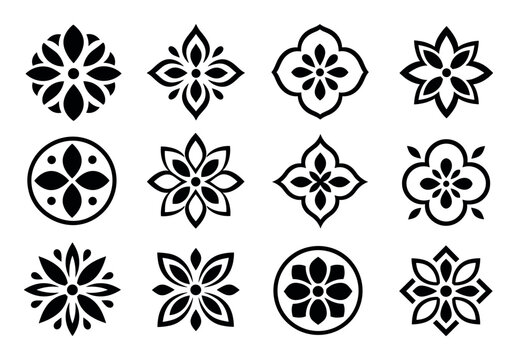 Black geometric floral ornament icons featuring symmetrical abstract flower designs, elegant mandala motifs, and minimalist decorative elements for branding and pattern design