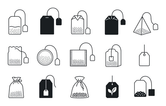 Tea bag icons set in vector line style featuring various shapes like pyramid, round, and rectangular pouches with strings and tags for beverage design