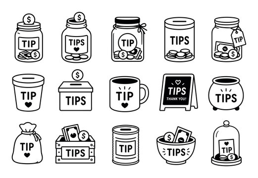 Tip jar icons set for gratuity collection featuring various containers like glass jars, boxes, mugs, and bags with coins and cash in a simple black line art style