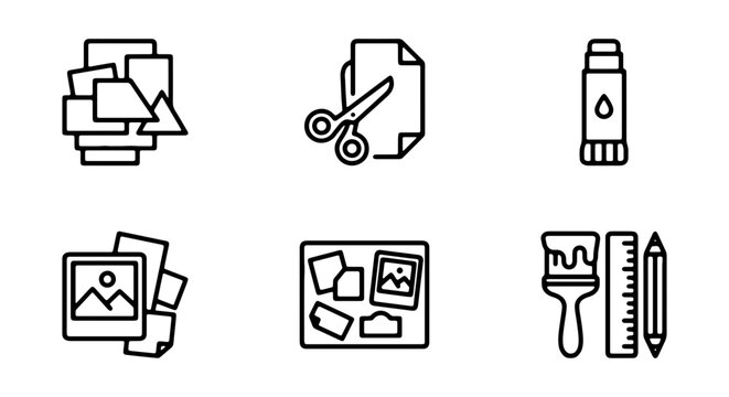 Crafting Icons Set: Scissors, Glue, Paintbrush, Ruler, Paper, Photos