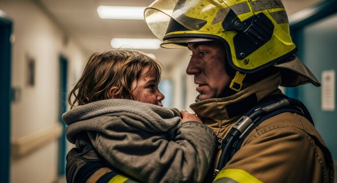 Firefighter man holding rescued kid. Rescue from fire concept. Hero and child during emergency safety situation.