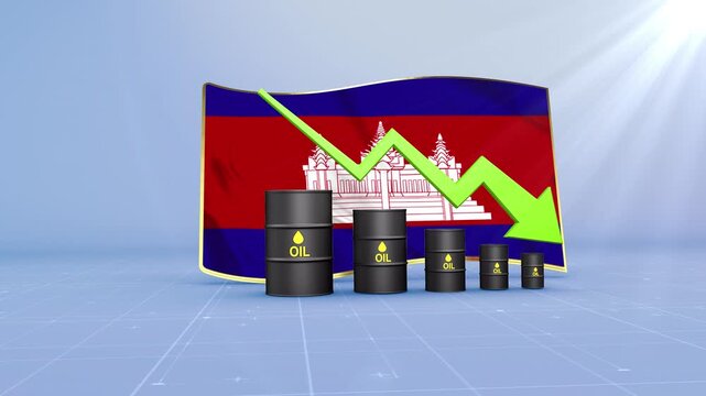 Cambodia Crude Oil Price Drop with Oil Barrels Downward Green Arrow and 3D Financial Data Visualization Graphs for Economy and Business Concept
