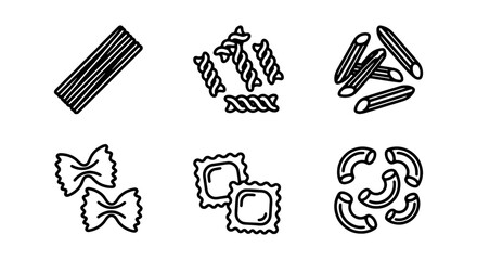 Obraz premium Pasta varieties, Italian cuisine, macaroni, penne, fusilli, ravioli, farfalle vector icons