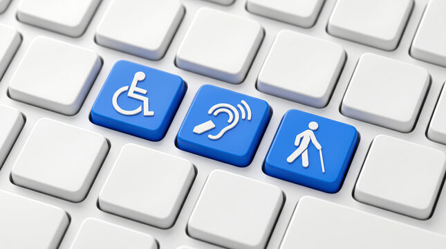 Close up view of blue computer keys with accessibility icons representing disability inclusion on a white keyboard background