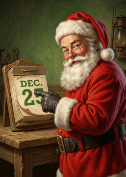 Smiling Santa Claus Pointing at December 25 on a Wooden Calendar