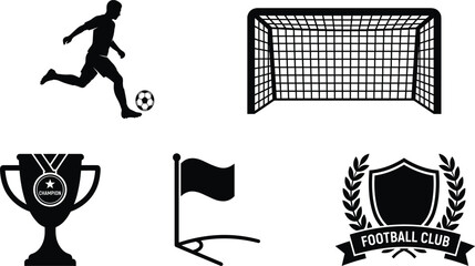 Football elements set for image featuring player running with ball goal net champion trophy corner flag and football club crest laurel wreath © SREEMOTIDIPIKA