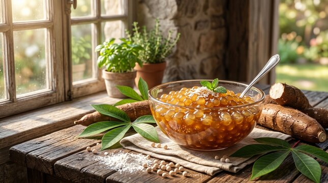 Homemade tapioca pudding with fresh cassava roots and green herbs on a rustic wooden table by a sunlit window, a wholesome dessert scene