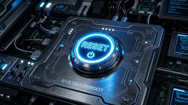 Futuristic glowing reset button embedded in metallic circuit panel, illuminated blue light, surrounded by wires and modules, symbolizing system reboot, renewal, and technological control.