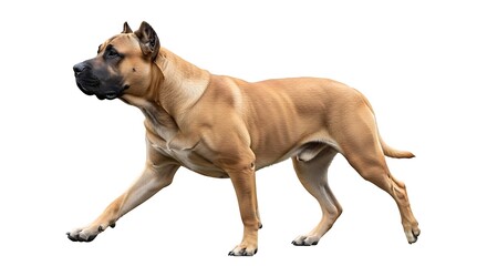 Obraz premium A powerful fawn-colored Cane Corso dog with a black muzzle stands in profile against a clean white background, showcasing its muscular build.
