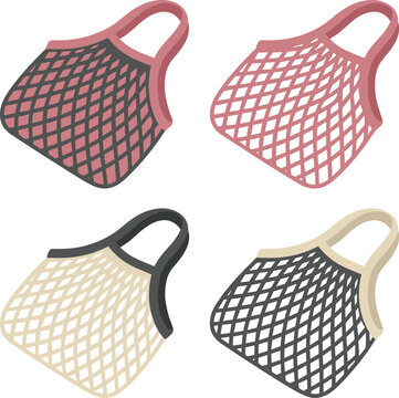 Set Of Four Colorful Pixel Art Mesh String Grocery Bags On White Background