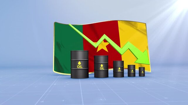 Cameroon Crude Oil Price Drop with Oil Barrels Downward Green Arrow and 3D Financial Data Visualization Graphs for Economy and Business Concept