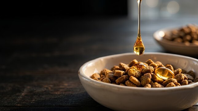 Golden oil drop falling into a bowl of dry cat food