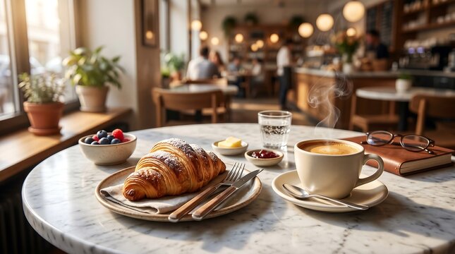 Traditional french breakfast with flaky butter croissant coffee and fresh berries in cozy cafe coffee shop cafe culture bakery goods cafe table breakfast croissant restaurant cappuccino