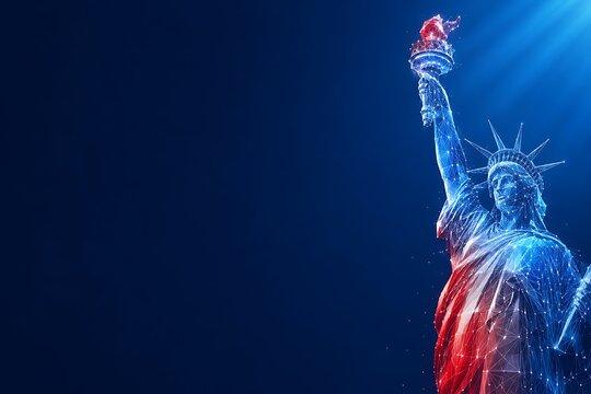 Abstract wireframe statue of liberty glowing with red and blue light effect on dark background. patriotic background usa independence day, wireframe. patriotic background usa independence day