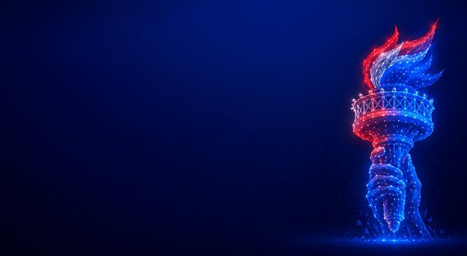 Glowing digital wireframe torch of liberty design with red and blue light particles. patriotic background usa independence day, wireframe, technology. patriotic background usa independence day
