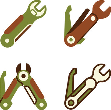 Set Of Four Minimalist Flat Vector Tool Icons With Green And Brown Tones On A Plain Background