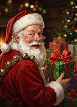 Traditional Santa Claus Holding a Green Christmas Gift Box