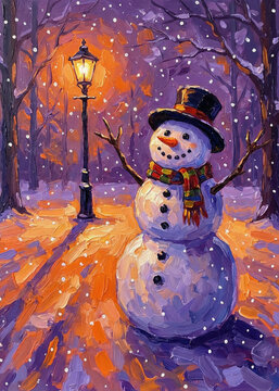 Cheerful Snowman in Winter Wonderland Park at Twilight Painting Art