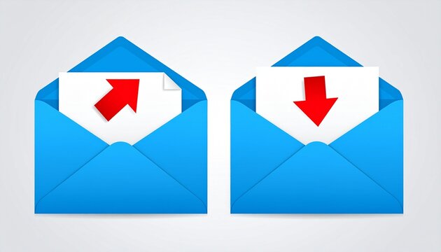 Blue envelopes with red arrow icons representing incoming and outgoing digital mail communication and information transfer concepts.