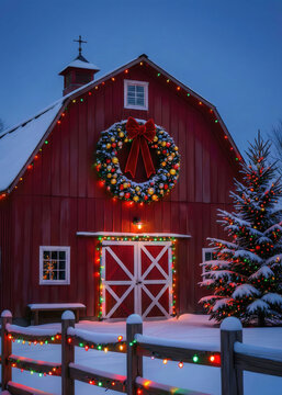 Festive Red Barn Decorated with Christmas Wreath and Lights in Winter Snow