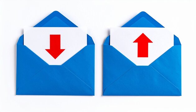 Two blue envelopes with white cards featuring red upward and downward arrows representing growth and decline or communication concepts.