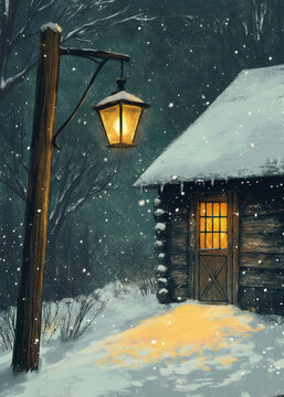 Cozy Wooden Cabin in a Snowy Winter Landscape with Glowing Street Lamp at Night
