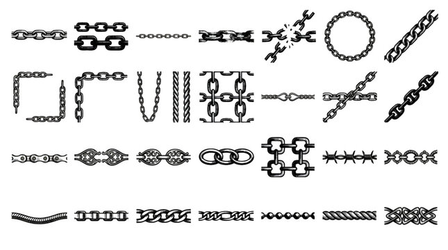 Grunge Chain Brush Vector Set with Metal Link Borders and Decorative Chain Elements
