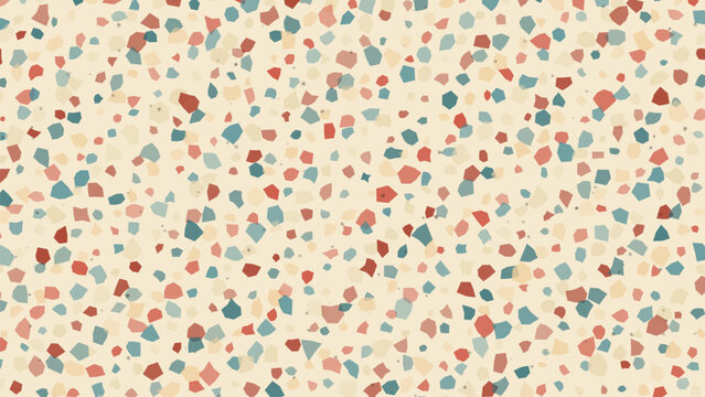 Seamless terrazzo pattern with colorful irregular shapes on a cream background.