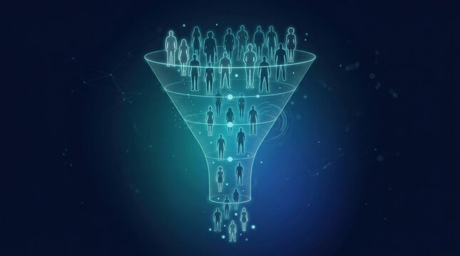This graphic represents the concept of algorithm funnel bias and its impact on responsible AI governance in a digital context.