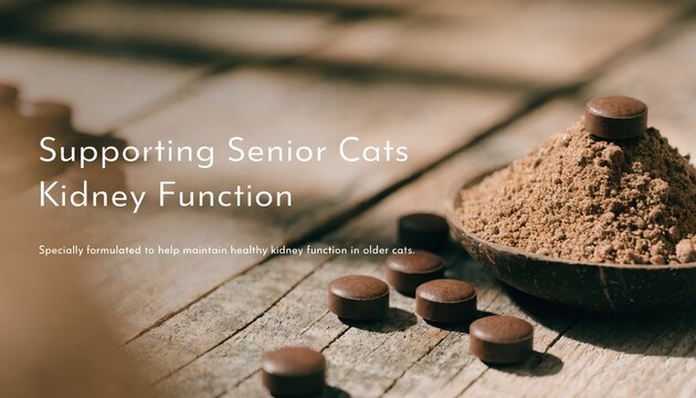 Supplement for supporting senior cat kidney function with tablets and powder on a wooden surface