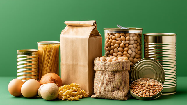 Donated food items arranged on green background for charity