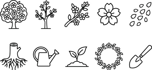 Spring growth icons with tree blossom seed sprout watering can and shovel clean line art vector © Mdjillur