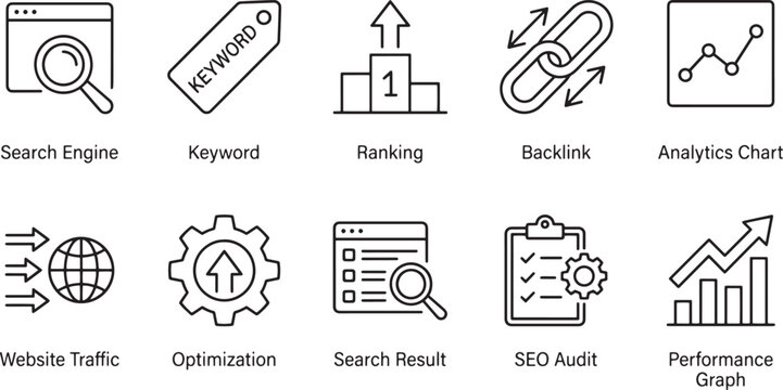 Set of ten seo and digital marketing icons showing search engine, keywords, ranking, backlinks, analytics, traffic, optimization, results, audit, and performance Vector