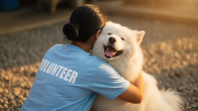 Joyful Samoyed dog receiving hug from Asian volunteer woman outdoors, animal welfare and pet adoption in shelter courtyard