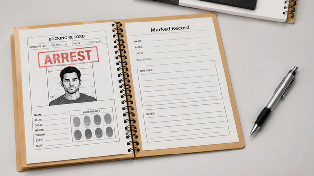 Open spiral binder dossier displaying booking record with 'ARREST' stamp, mugshot illustration, and fingerprints, a criminal file folder for law enforcement and justice system.