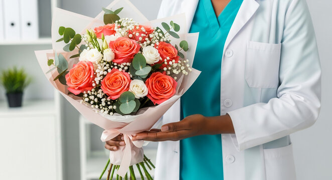 African American doctor receiving flowers in a clinic, professional appreciation and gratitude, International Doctor's Day
