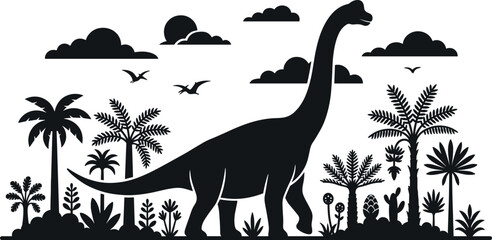 Prehistoric brachiosaurus dinosaur silhouette landscape with palm trees and flying pterodactyls for kids education print stencil vector illustration © ISMOTARA