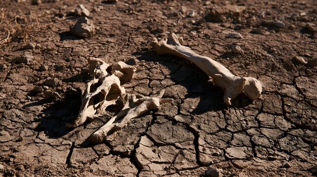 Sun bleached bones resting on cracked dry earth under harsh dramatic lighting