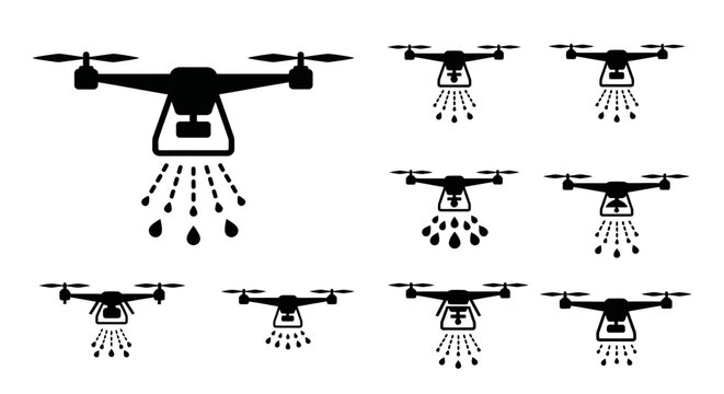 Drone Sprayer Icons: Agricultural Technology, Crop Dusting, Modern Farming
