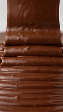 A close-up view of a rich, smooth, and creamy chocolate spread layered on top of itself