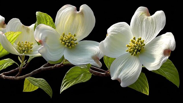 Close-up of dogwood blossoms with white petals, yellow centers, green leaves on black background