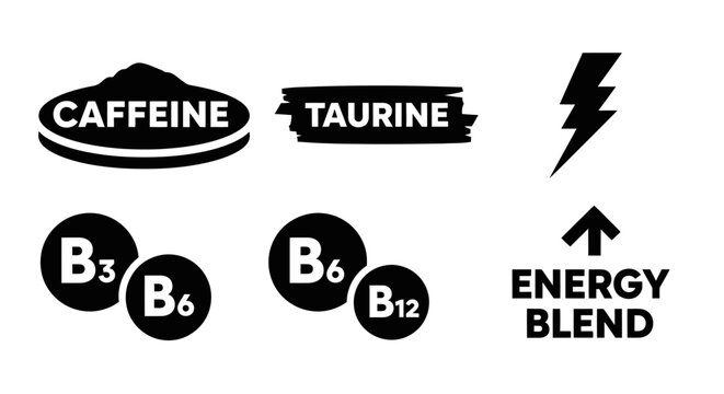 Energy Drink Ingredients Icons: Caffeine, Taurine, B Vitamins, Energy Blend