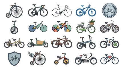 Colorful flat bicycle icon set featuring road mountain electric tandem and vintage retro city bikes for web infographic design © ISMOTARA